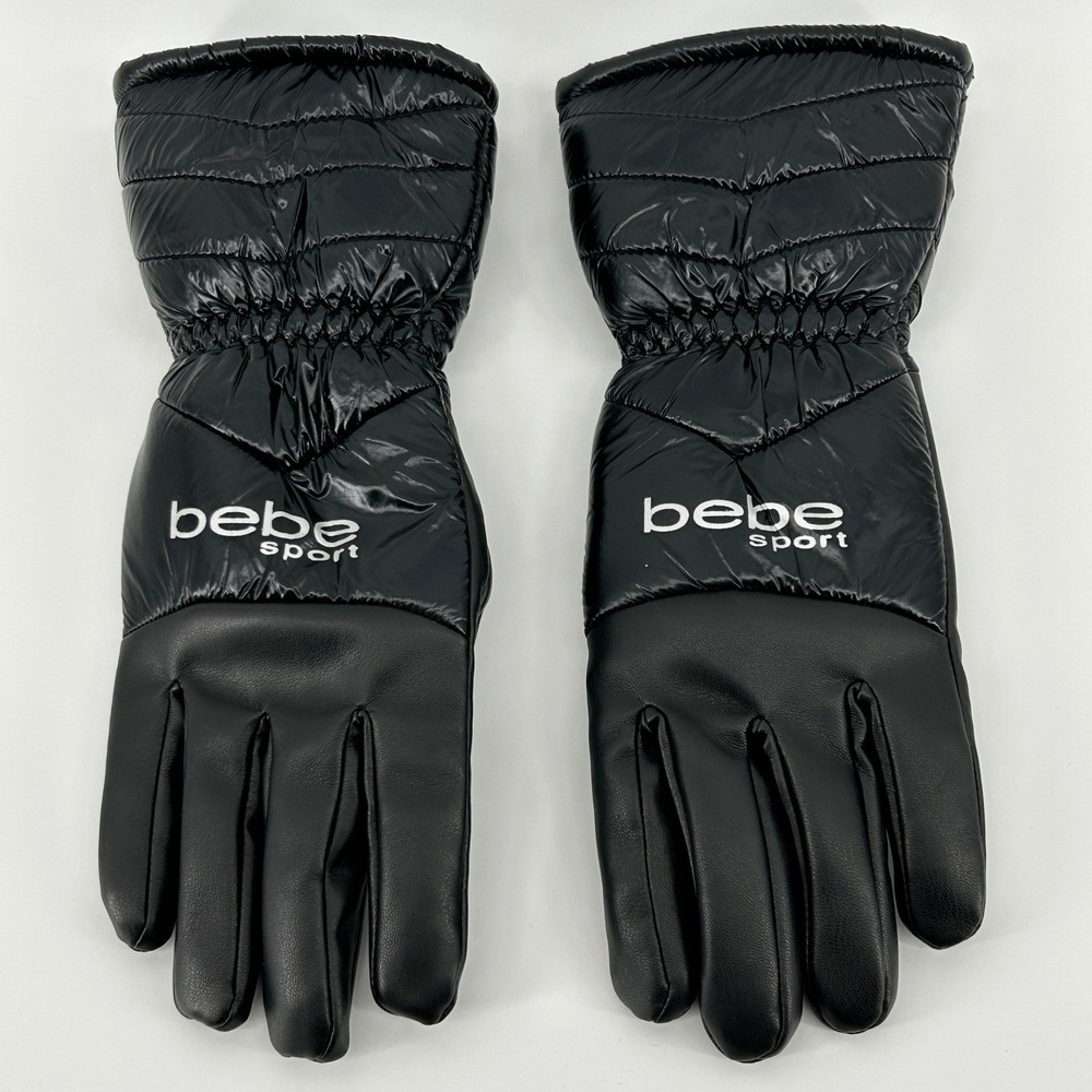 Bebe Sport Black Quilted Puffer Winter Gloves Faux Leather Palm Women L/XL Chic